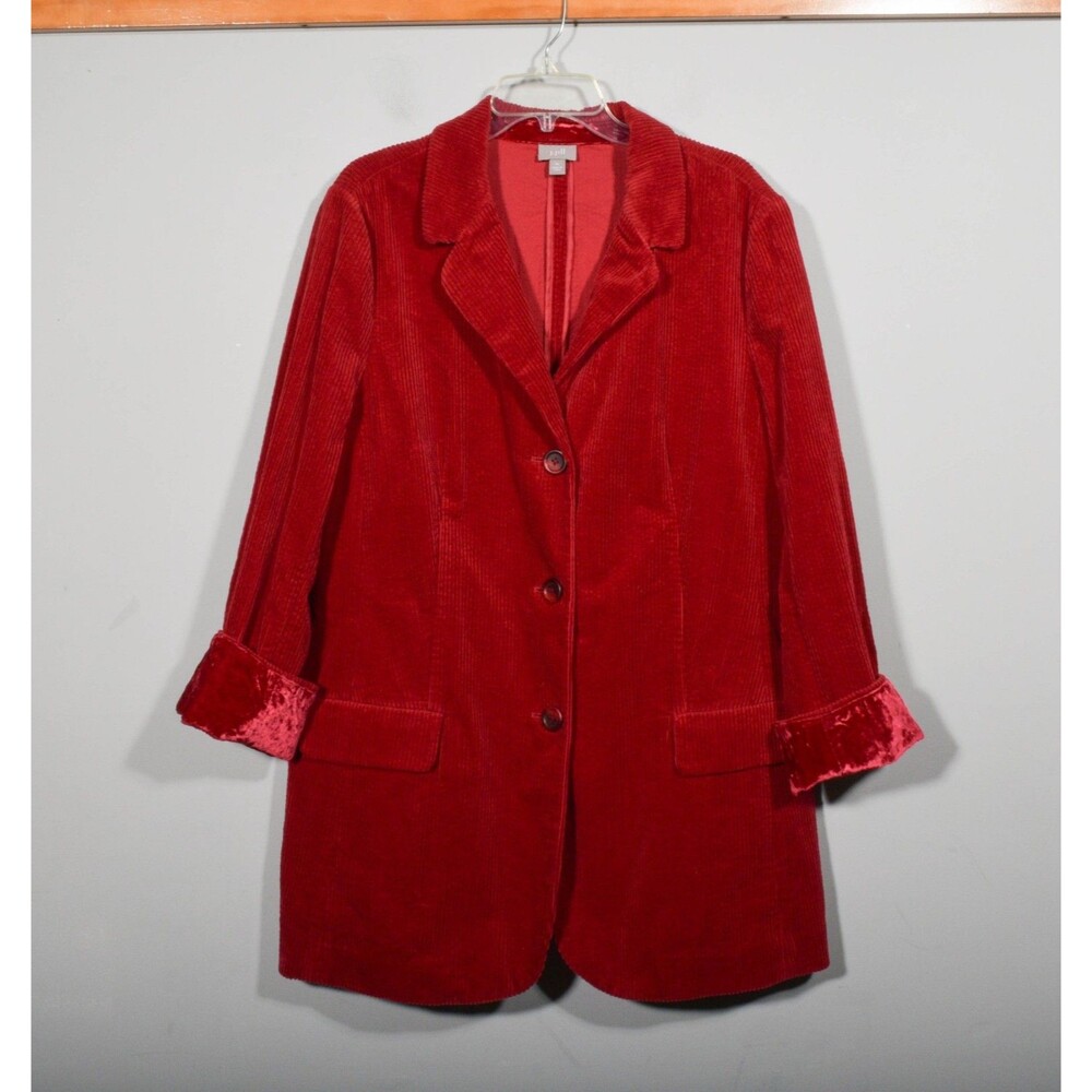 J. Jill Red Wide Whale Corduroy Button Up Velvet Cuff Long Jacket Shacket Sz XL
